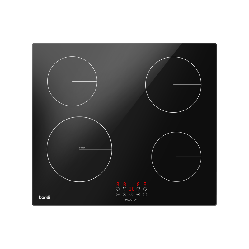 Plaque à induction encastrable Baridi 60 cm avec 4 zones de cuisson, verre noir, 6800 W avec 9 réglages de puissance, commandes 