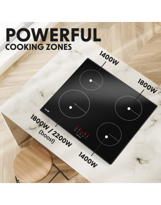 Baridi 60cm Built-In Induction Hob with 4 Cooking Zones, Black Glass, 6800W with 9 Power Settings, Touch Controls & Timer, Hardw