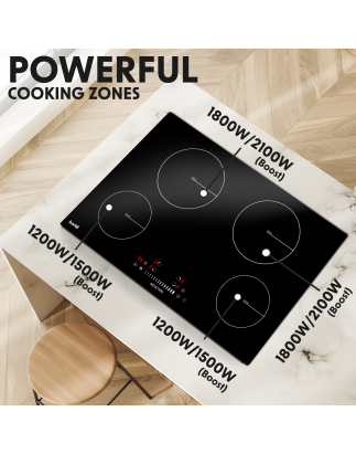 Baridi 77cm Built-In Induction Hob with 4 Cooking Zones, 7200W, Boost Function, 9 Power Levels, Touch Control & Timer, Hardwired