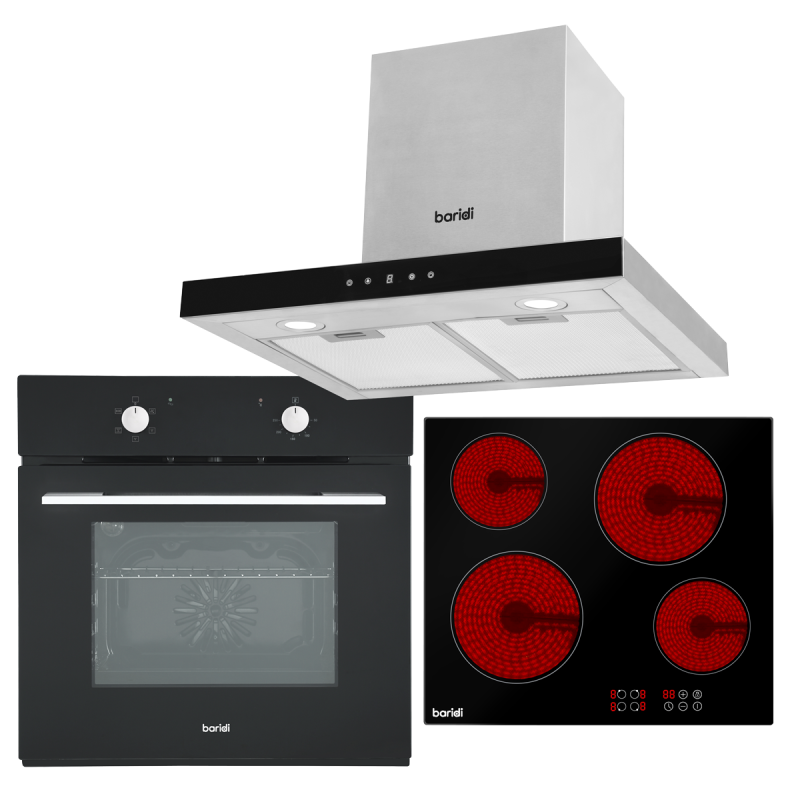 Baridi 4 Zone Ceramic Hob, 5-Function Fan-Assisted Oven & T-Shape Linear Cooker Hood