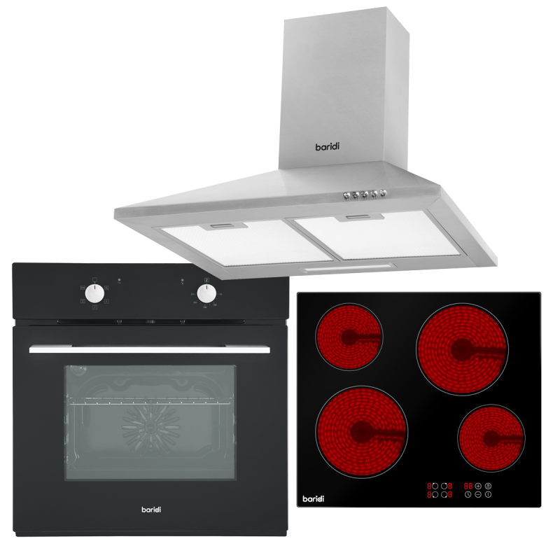 Baridi 4 Zone Ceramic Hob, 5-Function Fan-Assisted Oven & Chimney Style Cooker Hood