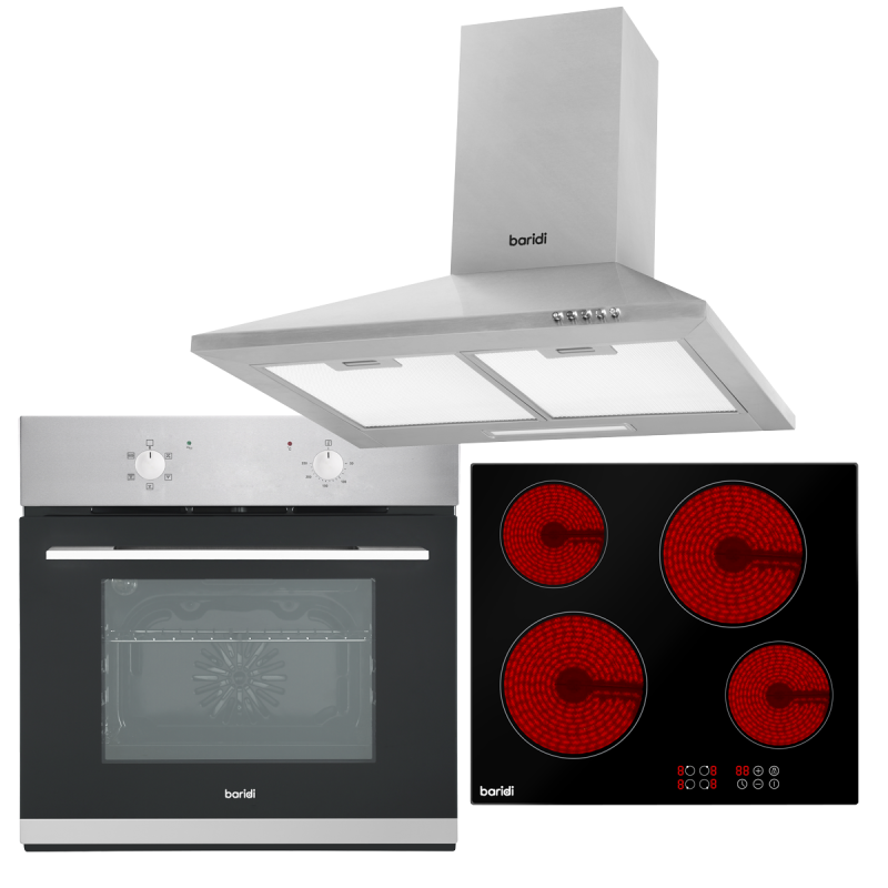 Baridi 4 Zone Ceramic Hob, 5 Function Fan-Assisted Oven & Chimney Style Cooker Hood