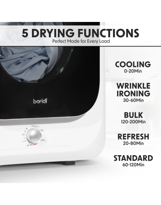 Baridi Small Tumble Dryer, Portable, 2.5kg, Vented, Perfect for Counter Top or Wall Mounted Use with Mechanical Controls, Compac