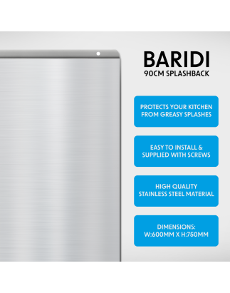 Baridi 90cm Splashback for Cooker Hoods, Extractor Fans, Range Hoods, Stainless Steel