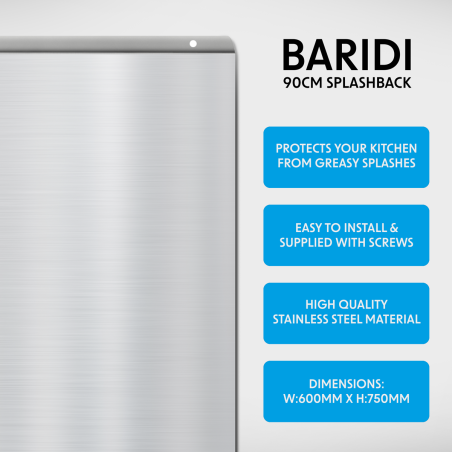 Baridi 90cm Splashback for Cooker Hoods, Extractor Fans, Range Hoods, Stainless Steel