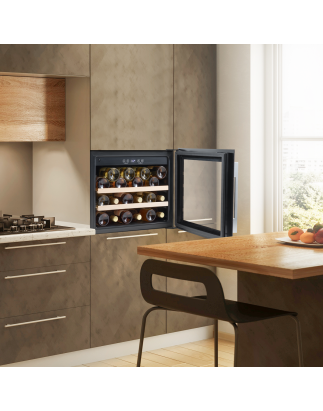 Baridi 60cm Built-In 28 Bottle Wine Cooler with Beech Wood Shelves and Internal LED Light, Black