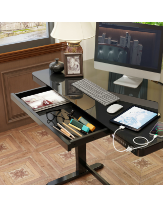 Bureau debout réglable électrique Dellonda noir avec USB et tiroir, 1200 x 600 mm