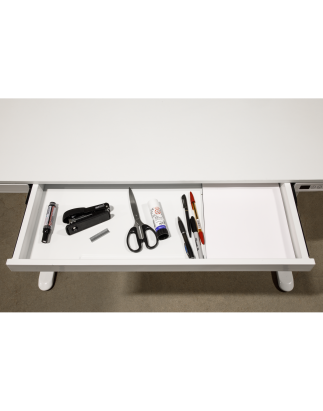 Bureau debout réglable électrique Dellonda blanc avec USB et tiroir, 1200 x 600 mm