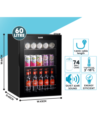 Réfrigérateur à bière et boissons Baridi 60 L avec lumière LED, porte noire et vitrée