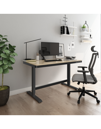 Bureau debout réglable électrique Dellonda en chêne avec USB et tiroir, 1 200 x 600 mm