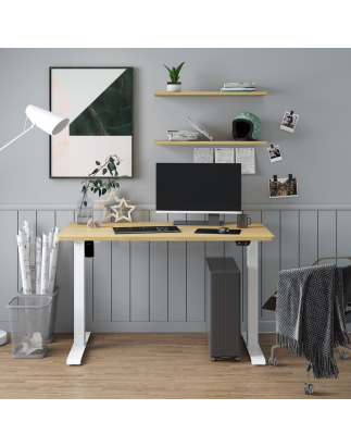 Dellonda Single Motor Height-Adjustable Electric Sit & Stand Desk with Oak Desktop & White Frame