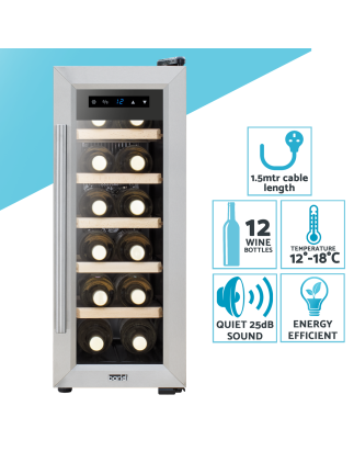 Baridi 12 Bottle Wine Cooler with Digital Touchscreen Controls & LED Light, Stainless Steel