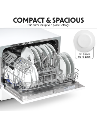 Baridi Compact Tabletop Dishwasher 6 Place Settings, 6 Programmes, Low Noise, 6.5L Cycle, Start Delay - White