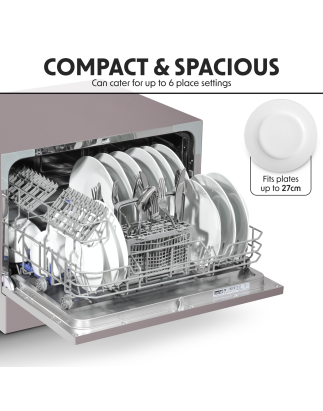 Baridi Compact Tabletop Dishwasher 6 Place Settings, 6 Programmes, Low Noise, 6.5L Cycle, Start Delay - Silver