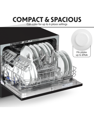 Baridi Compact Tabletop Dishwasher 6 Place Settings, 6 Programmes, Low Noise, 6.5L Cycle, Start Delay - Black