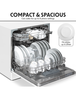 Baridi Compact Tabletop Dishwasher 8 Place Settings, 6 Programmes, Low Noise, 8L Cycle, Start Delay - White