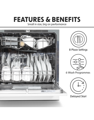 Baridi Compact Tabletop Dishwasher 8 Place Settings, 6 Programmes, Low Noise, 8L Cycle, Start Delay - White