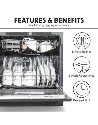 Baridi Compact Tabletop Dishwasher 8 Place Settings, 6 Programmes, Low Noise, 8L Cycle, Start Delay - Black