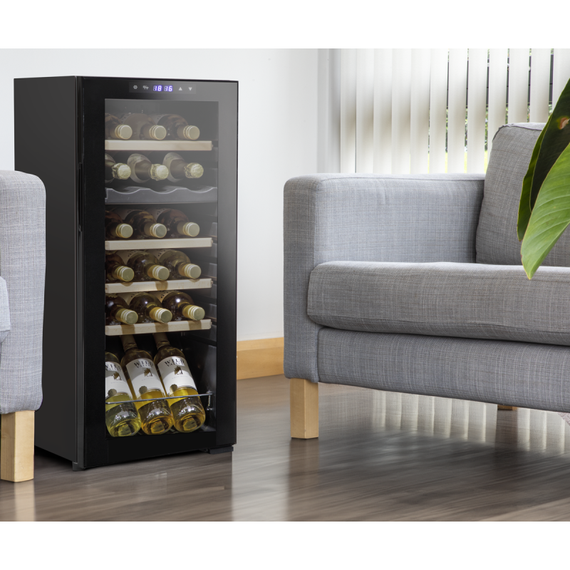 Baridi 18 Bottle Dual Zone Wine Cooler, Fridge with Digital Touchscreen Controls, Wooden Shelves & LED Light, Black