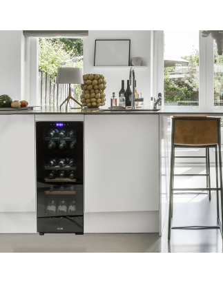 Baridi 18 Bottle Dual Zone Wine Cooler, Fridge with Digital Touchscreen Controls, Wooden Shelves & LED Light, Black