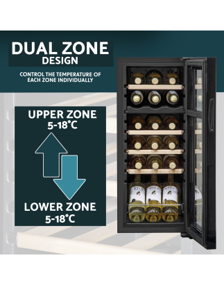 Baridi 18 Bottle Dual Zone Wine Cooler, Fridge with Digital Touchscreen Controls, Wooden Shelves & LED Light, Black