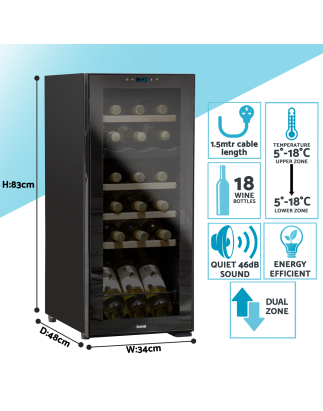 Baridi 18 Bottle Dual Zone Wine Cooler, Fridge with Digital Touchscreen Controls, Wooden Shelves & LED Light, Black