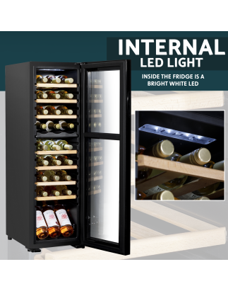 Baridi 18 Bottle Dual Zone Wine Cooler, Fridge with Digital Touchscreen Controls, Wooden Shelves & LED Light, Black