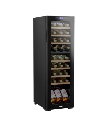 Baridi 27 Bottle Dual Zone Wine Cooler, Fridge with Digital Touchscreen Controls, Wooden Shelves & LED Light, Black