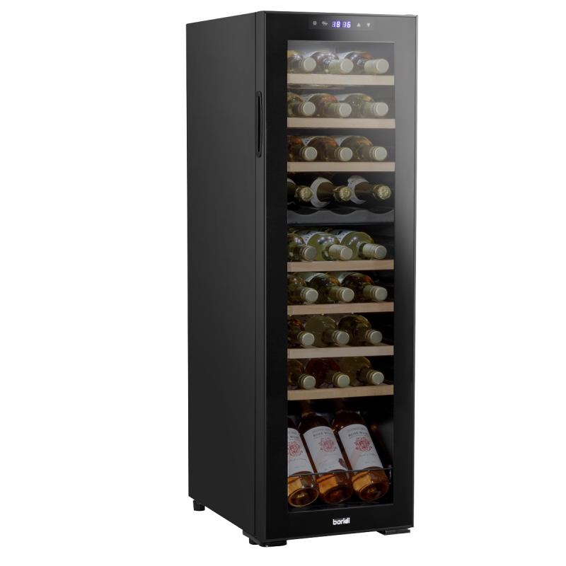 Baridi 27 Bottle Dual Zone Wine Cooler, Fridge with Digital Touchscreen Controls, Wooden Shelves & LED Light, Black