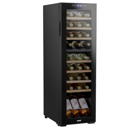 Baridi 27 Bottle Dual Zone Wine Cooler, Fridge with Digital Touchscreen Controls, Wooden Shelves & LED Light, Black