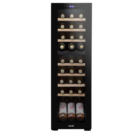 Baridi 27 Bottle Dual Zone Wine Cooler, Fridge with Digital Touchscreen Controls, Wooden Shelves & LED Light, Black