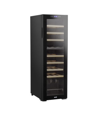 Baridi 27 Bottle Dual Zone Wine Cooler, Fridge with Digital Touchscreen Controls, Wooden Shelves & LED Light, Black