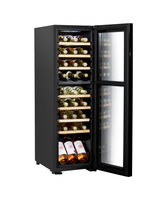 Baridi 27 Bottle Dual Zone Wine Cooler, Fridge with Digital Touchscreen Controls, Wooden Shelves & LED Light, Black