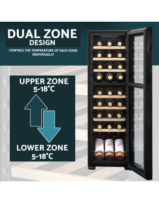 Baridi 27 Bottle Dual Zone Wine Cooler, Fridge with Digital Touchscreen Controls, Wooden Shelves & LED Light, Black