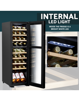 Baridi 27 Bottle Dual Zone Wine Cooler, Fridge with Digital Touchscreen Controls, Wooden Shelves & LED Light, Black