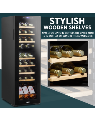 Baridi 27 Bottle Dual Zone Wine Cooler, Fridge with Digital Touchscreen Controls, Wooden Shelves & LED Light, Black