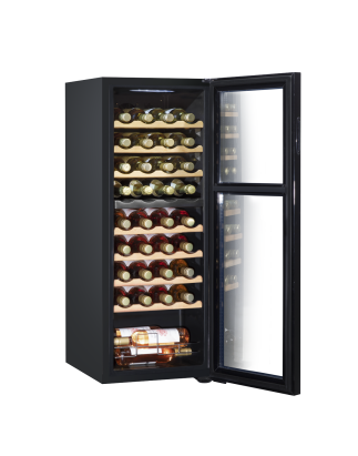 Baridi 36 Bottle Dual Zone Wine Cooler, Fridge with Digital Touchscreen Controls, Wooden Shelves & LED Light, Black