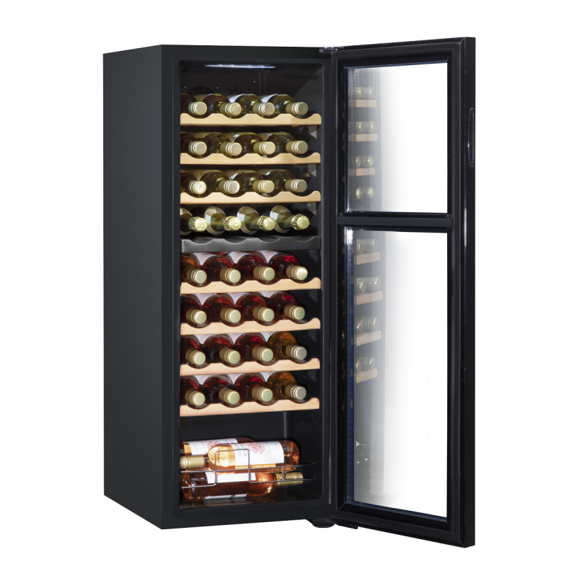 Baridi 36 Bottle Dual Zone Wine Cooler, Fridge with Digital Touchscreen Controls, Wooden Shelves & LED Light, Black