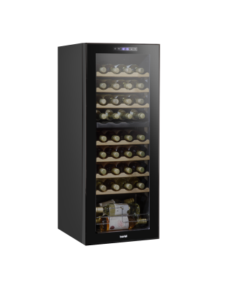 Baridi 36 Bottle Dual Zone Wine Cooler, Fridge with Digital Touchscreen Controls, Wooden Shelves & LED Light, Black