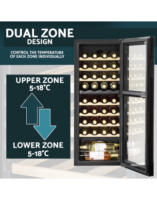 Baridi 36 Bottle Dual Zone Wine Cooler, Fridge with Digital Touchscreen Controls, Wooden Shelves & LED Light, Black