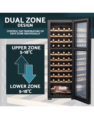 Baridi 44 Bottle Dual Zone Wine Cooler, Fridge with Digital Touchscreen Controls, Wooden Shelves & LED Light, Black