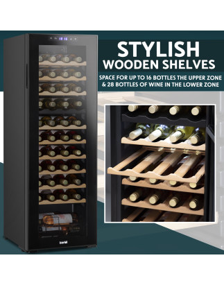 Baridi 44 Bottle Dual Zone Wine Cooler, Fridge with Digital Touchscreen Controls, Wooden Shelves & LED Light, Black