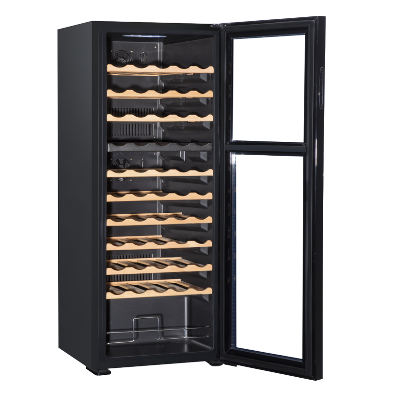 Baridi 55 Bottle Dual Zone Wine Cooler, Fridge with Digital Touchscreen Controls, Wooden Shelves & LED Light, Black