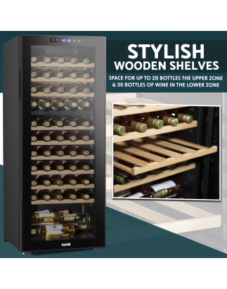 Baridi 55 Bottle Dual Zone Wine Cooler, Fridge with Digital Touchscreen Controls, Wooden Shelves & LED Light, Black