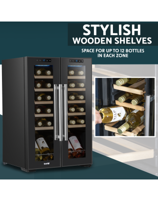 Baridi 24 Bottle Dual Zone Wine Cooler, Fridge, Touch Screen, LED Light Black and Mirror Glass Door