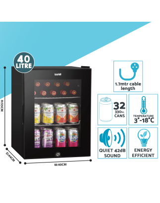 Baridi 40L Drinks Mini Fridge with LED Light, Black and Glass Door