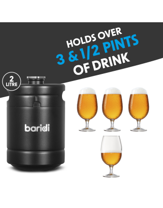 Baridi Growler Keg 2L, Matte Black suitable for Soft Drinks and Beer