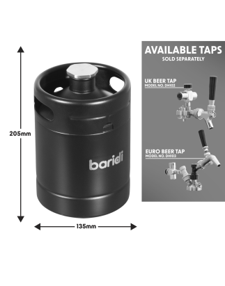 Baridi Growler Keg 2L, noir mat adapté aux boissons gazeuses et à la bière