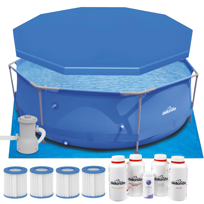 Dellonda Piscine à cadre en acier ronde de 10 pieds avec accessoires, bleue