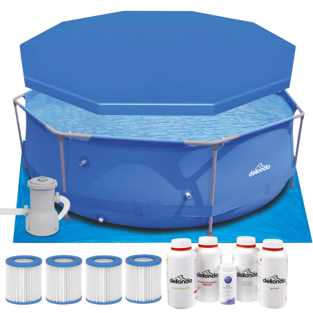 Dellonda Piscine à cadre en acier ronde de 10 pieds avec accessoires, bleue